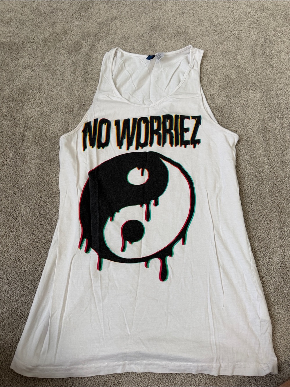 H&M White Tank Top with Dripping Yin-Yang & "No Worriez" Graphic